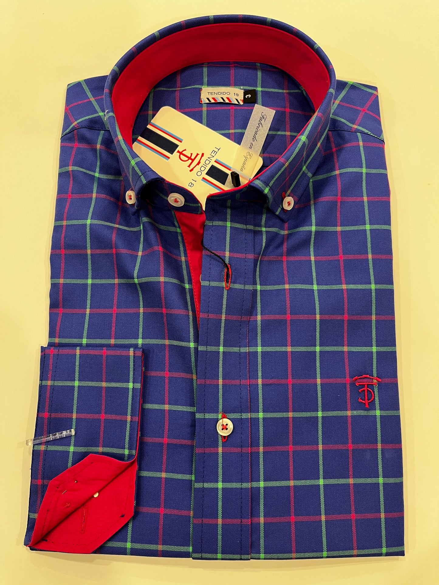 Camisa Oxford azul cuadros verdes y fucsias