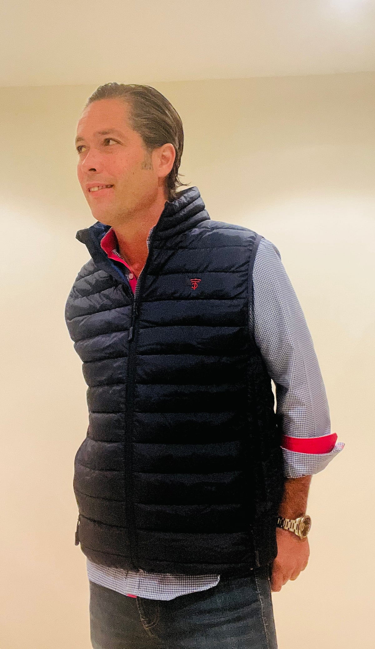 Chaleco Acolchado Infantil Con Diseño De Rombos - Rosa Claro Y Azul Marino, Con Cremallera Y Bolsillos