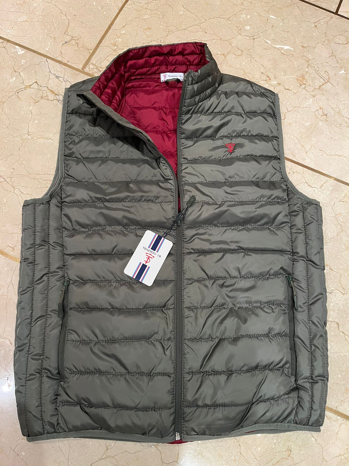 Khaki vest with maroon